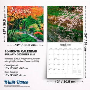 May include: A 16-month wall calendar titled Japanese Gardens for 2027, measuring 12 inches by 12 inches closed and 12 inches by 24 inches open. It features vibrant photography of gardens, a March 2027 grid, and bonus mini grids for late 2026.