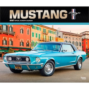 May include: A 2027 official 16-month calendar featuring a bright turquoise Ford Mustang car parked in front of orange and yellow buildings. The top section displays the text MUSTANG in large letters with a small horse logo and 2027.