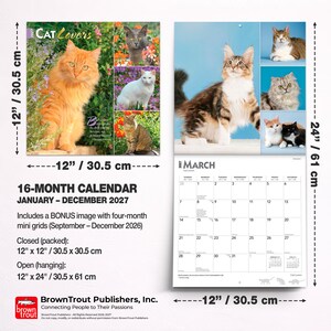 May include: A 2027 Cat Lovers 16-month wall calendar measuring 12 inches by 12 inches closed and 12 inches by 24 inches open. The calendar features various cat photographs, a March 2027 grid, and includes a bonus four-month mini grid for 2026.