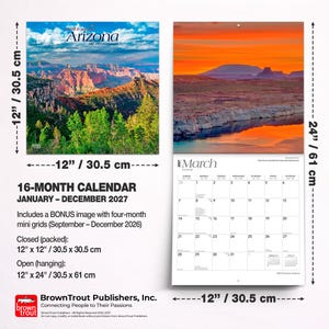 May include: A 16-month wall calendar for 2027 featuring Arizona landscapes. It measures 12 inches by 12 inches closed and 12 inches by 24 inches open. The cover shows a canyon, while the interior displays a March 2027 grid and a sunset landscape.