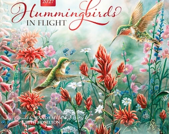 Calendrier mural de luxe Hummingbirds 2027 13,75 x 24 po. (suspendu) | Oeuvre d'art de Wanda Mumm et Beth Hoselton | Enveloppe en lin | Couverture estampée