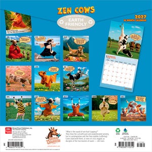 Pode incluir: Um calend&aacute;rio de parede Zen Cows de 16 meses para 2027 com doze imagens mensais de vacas em v&aacute;rias poses e roupas com bal&otilde;es de fala. A capa azul exibe uma grade de fotos de vacas, uma p&aacute;gina de exemplo de abril e texto informativo.
