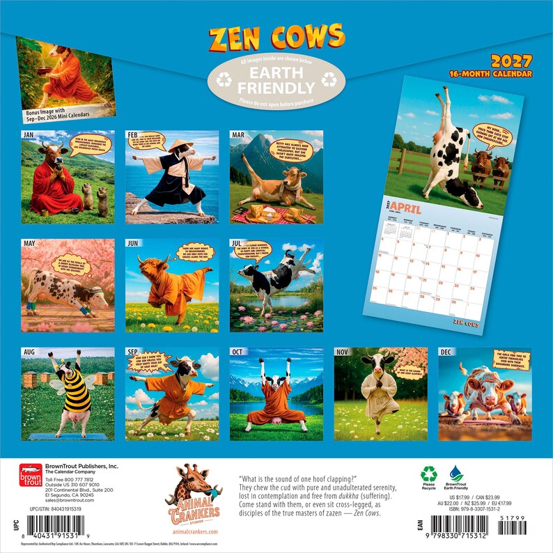 Pode incluir: Um calend&aacute;rio de parede Zen Cows de 16 meses para 2027 com doze imagens mensais de vacas em v&aacute;rias poses e roupas com bal&otilde;es de fala. A capa azul exibe uma grade de fotos de vacas, uma p&aacute;gina de exemplo de abril e texto informativo.