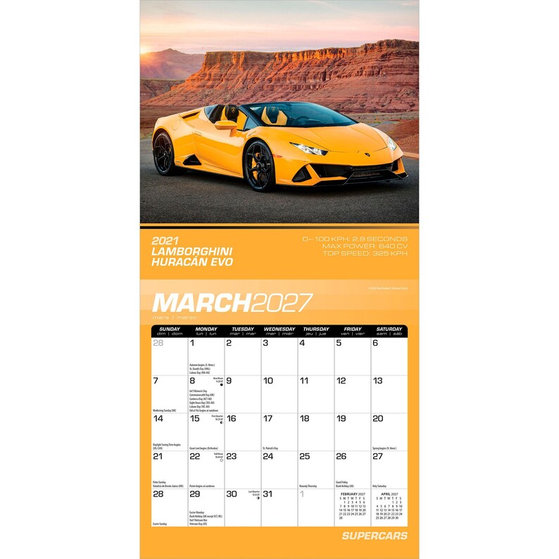 Puede incluir: Un calendario de pared de 2027 con un Lamborghini Hurac&aacute;n Evo amarillo en la p&aacute;gina superior. El calendario muestra el mes de marzo de 2027 con una cuadr&iacute;cula de fechas, especificaciones t&eacute;cnicas del coche y peque&ntilde;os calendarios de referencia.