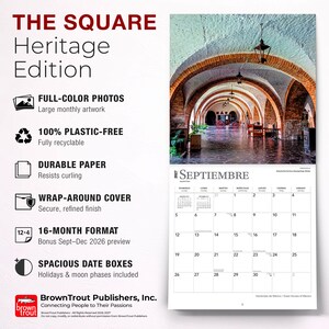 May include: A 16-month wall calendar titled THE SQUARE Heritage Edition. The page shows a photograph of a stone arched corridor and the September 2027 calendar grid. Text features include full-color photos, plastic-free, and durable paper.
