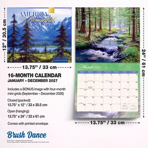 May include: A 16-month wall calendar titled America the Beautiful for 2027, featuring landscape photography of mountains and forests. It measures 13.75 inches by 12 inches closed and 13.75 inches by 24 inches open, including a bonus four-month mini grid.