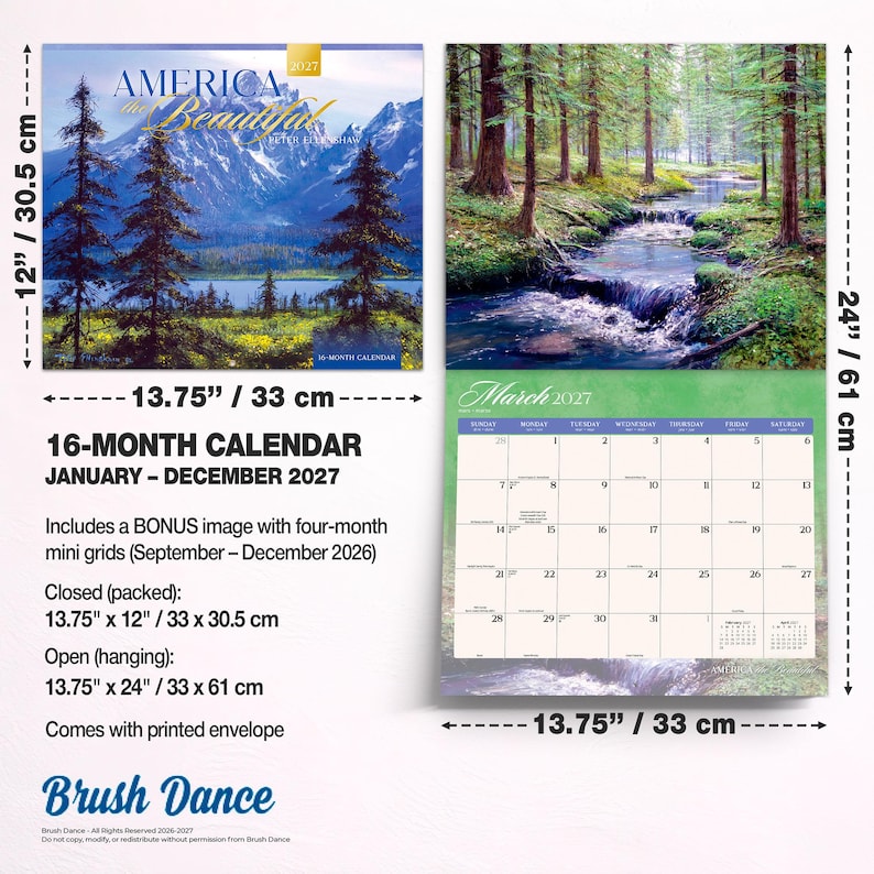 May include: A 16-month wall calendar titled America the Beautiful for 2027, featuring landscape photography of mountains and forests. It measures 13.75 inches by 12 inches closed and 13.75 inches by 24 inches open, including a bonus four-month mini grid.