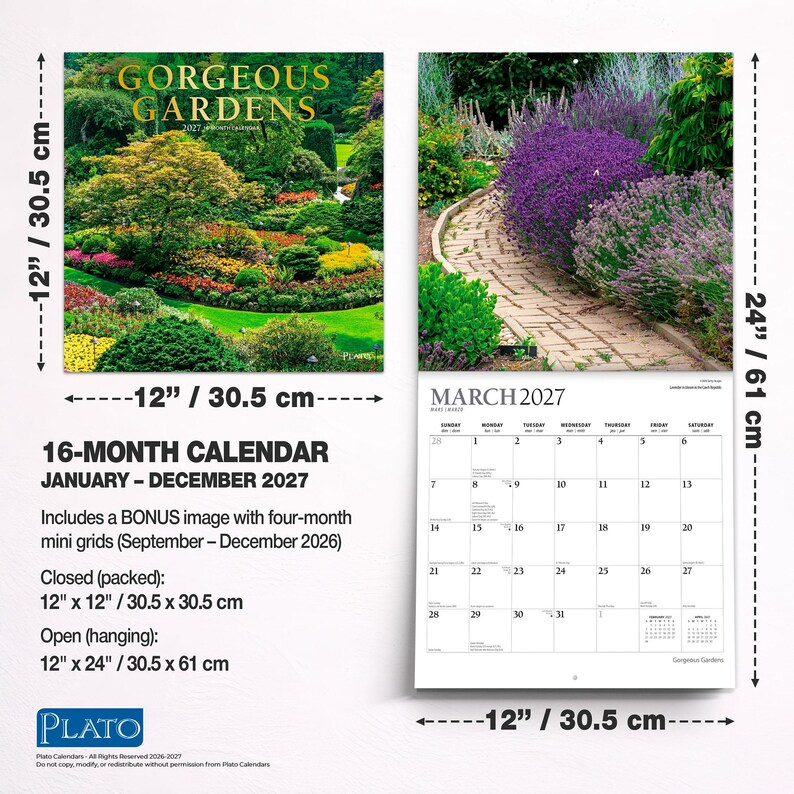 Gorgeous Gardens | 2027 12 x 24 Inch (Hanging) Monthly Square Wall Calendar | Foil Stamped Cover | Plato | Outdoor Home Country Nature image 7