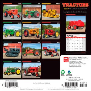 May include: A 2027 16-month wall calendar titled TRACTORS featuring twelve distinct vintage tractor photographs for each month. The back cover displays a grid of the monthly images, a sample April 2027 calendar page, and publisher contact information.