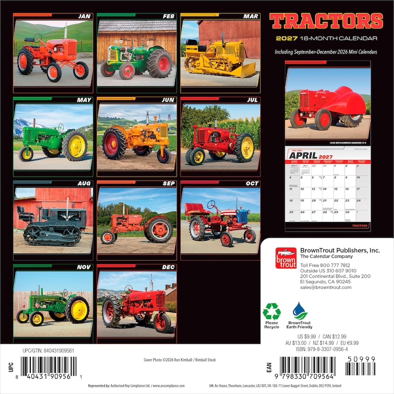 May include: A 2027 16-month wall calendar titled TRACTORS featuring twelve distinct vintage tractor photographs for each month. The back cover displays a grid of the monthly images, a sample April 2027 calendar page, and publisher contact information.