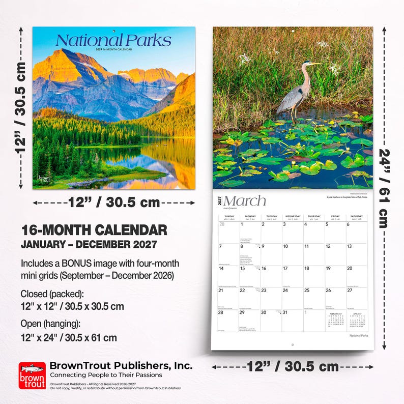 Puede incluir: Un calendario de Parques Nacionales de 16 meses para 2027, con im&aacute;genes de paisajes. Cerrado, el calendario mide 30,5 x 30,5 cm. Abierto, mide 30,5 x 61 cm. Incluye una imagen extra con minigr&aacute;ficos.