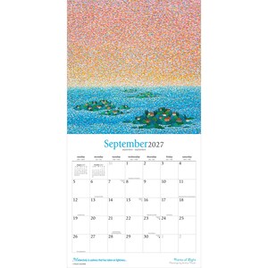 K&ouml;nnte beinhalten: Ein Wandkalender f&uuml;r September 2027 mit einem pointillistischen Gem&auml;lde von Inseln in einem blauen Meer unter einem rosa und orangefarbenen Himmel. Das Raster zeigt die Daten vom 1. bis zum 30. mit kleinen August- und Oktoberkalendern und dem Text Points of Light.