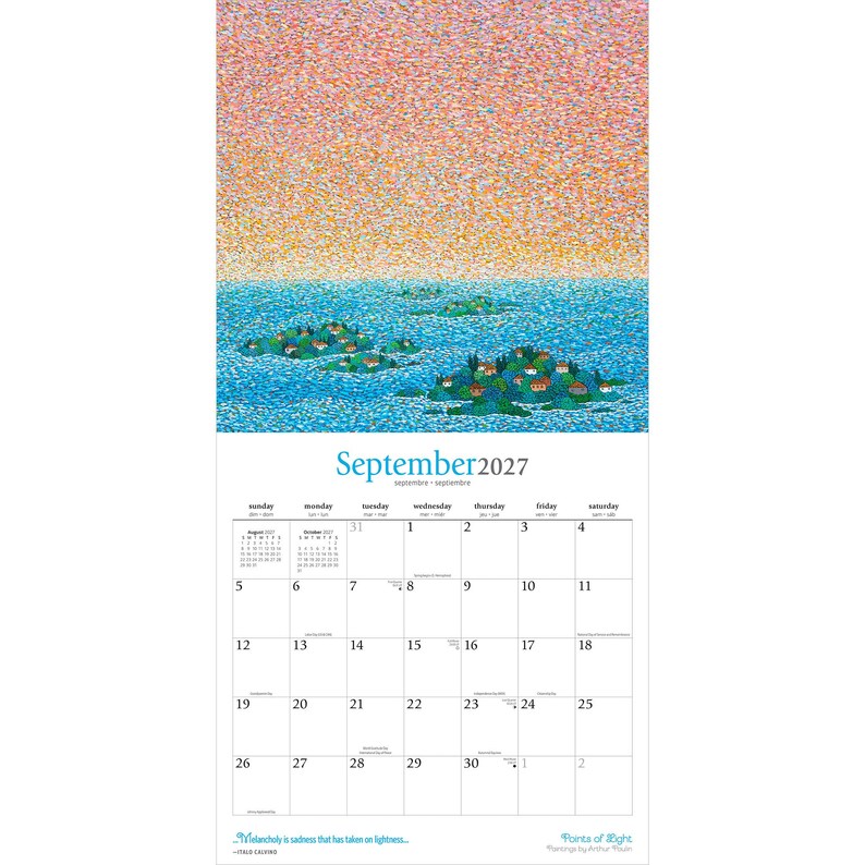 K&ouml;nnte beinhalten: Ein Wandkalender f&uuml;r September 2027 mit einem pointillistischen Gem&auml;lde von Inseln in einem blauen Meer unter einem rosa und orangefarbenen Himmel. Das Raster zeigt die Daten vom 1. bis zum 30. mit kleinen August- und Oktoberkalendern und dem Text Points of Light.