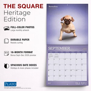K&ouml;nnte beinhalten: Ein 16-monatiger Wandkalender mit dem Titel The Square Heritage Edition mit farbigen Fotos von Welpen in Yoga-Posen. Die Seite f&uuml;r September 2027 zeigt einen Mops in einer Balance-Pose, ger&auml;umige Datumsfelder sowie Mondphasen.