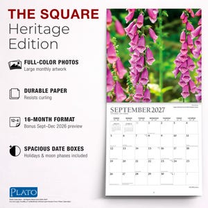 K&ouml;nnte beinhalten: Ein 16-Monats-Wandkalender mit dem Titel THE SQUARE Heritage Edition, der ein vollfarbiges Foto von rosa Fingerhutbl&uuml;ten f&uuml;r September 2027 zeigt. Das Layout enth&auml;lt ein Kalendarium mit ger&auml;umigen Datumsfeldern und Mondphasen.