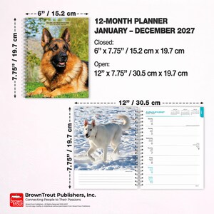 May include: A 12-month planner for January through December 2027 featuring German Shepherd imagery. The closed planner measures 6 inches by 7.75 inches, and the open planner measures 12 inches by 7.75 inches, with spiral binding and calendar pages.