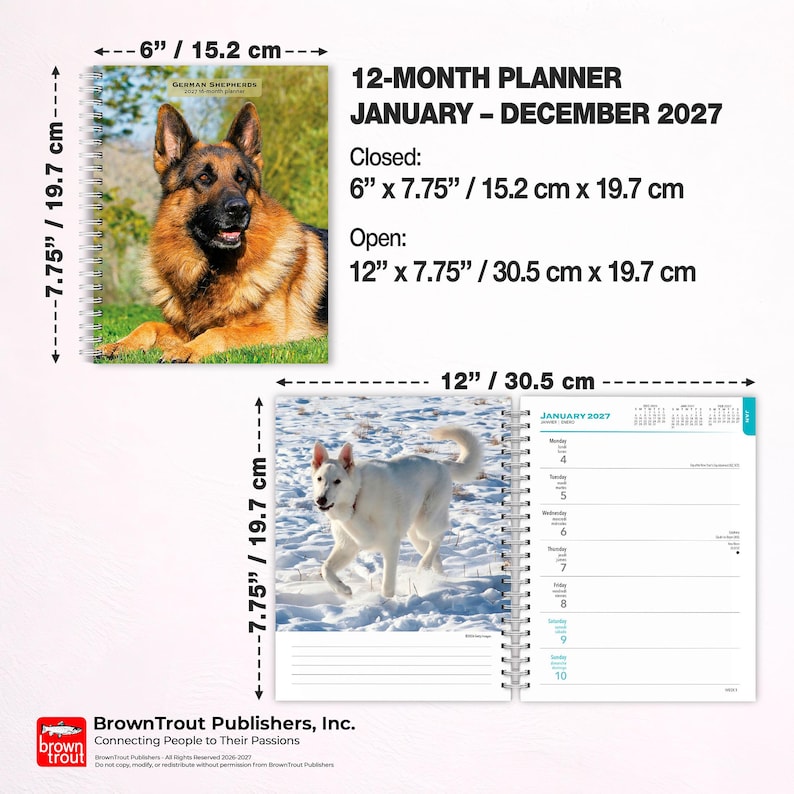 May include: A 12-month planner for January through December 2027 featuring German Shepherd imagery. The closed planner measures 6 inches by 7.75 inches, and the open planner measures 12 inches by 7.75 inches, with spiral binding and calendar pages.