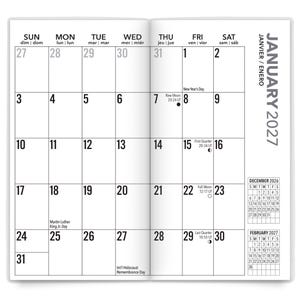 Puede incluir: Una vista de calendario mensual de dos p&aacute;ginas para enero de 2027. La cuadr&iacute;cula presenta texto negro sobre fondo blanco, incluyendo d&iacute;as de la semana, fechas, fases lunares y d&iacute;as festivos. Se incluyen peque&ntilde;os calendarios de referencia para diciembre de 2026 y febrero de 2027.