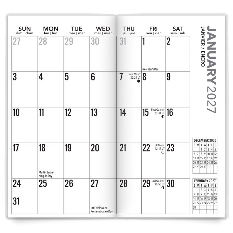 Puede incluir: Una vista de calendario mensual de dos p&aacute;ginas para enero de 2027. La cuadr&iacute;cula presenta texto negro sobre fondo blanco, incluyendo d&iacute;as de la semana, fechas, fases lunares y d&iacute;as festivos. Se incluyen peque&ntilde;os calendarios de referencia para diciembre de 2026 y febrero de 2027.
