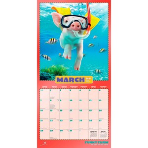 K&ouml;nnte beinhalten: Ein Kalender mit einem Schwein mit Schnorchel und Flossen, das unter Wasser mit Fischen schwimmt. Der Kalender ist f&uuml;r M&auml;rz 2027. Der Kalender hat einen roten Rand und die Worte "FUNNY FARM" unten.