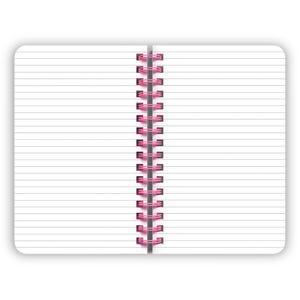May include: A blank, lined notebook with a pink coil binding. The notebook is open to a blank page.