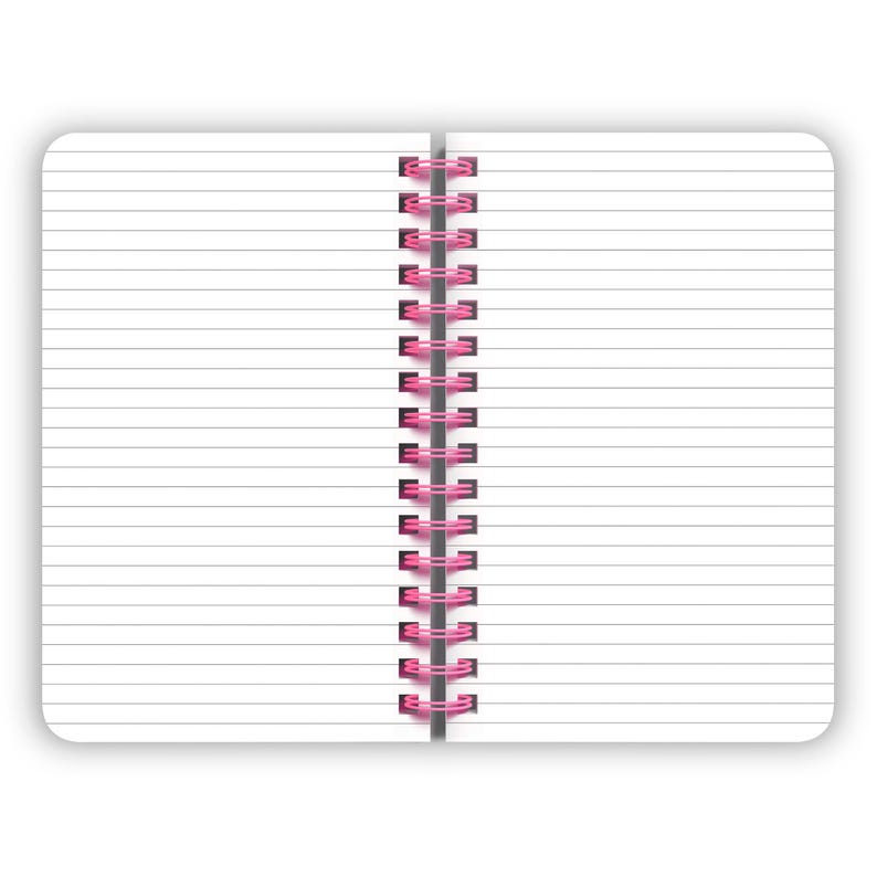 May include: A blank, lined notebook with a pink coil binding. The notebook is open to a blank page.