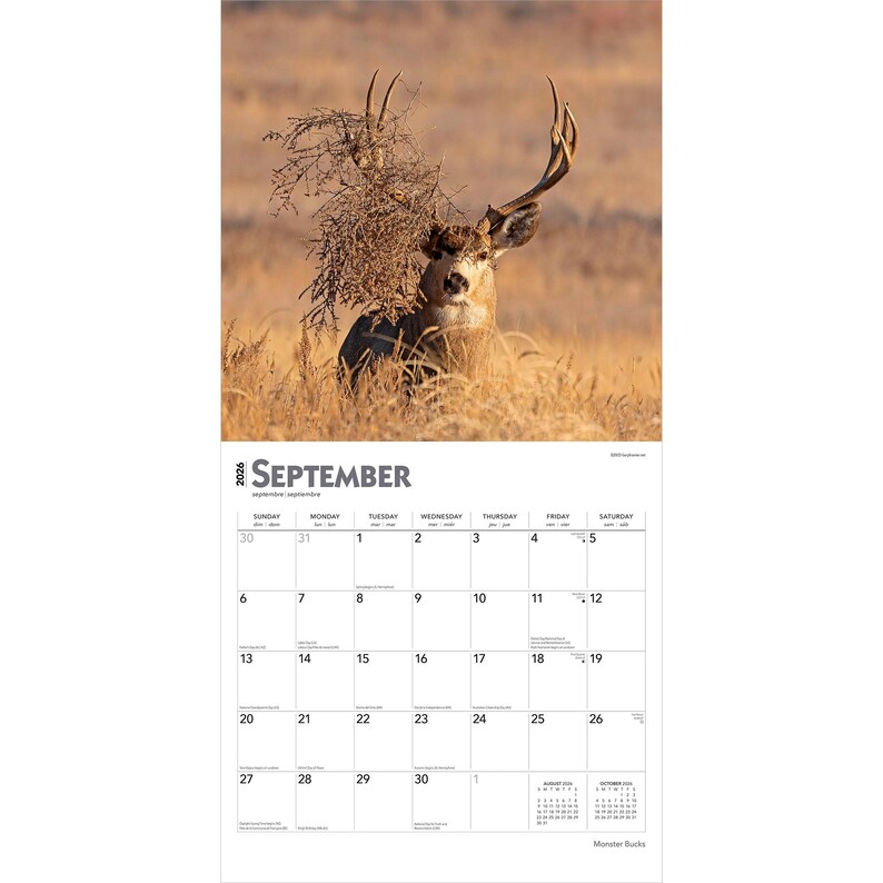 May include: A calendar page for September 2026 featuring a majestic buck with large antlers, partially obscured by brush. The buck is set against a backdrop of dry, golden grass. The calendar grid is at the bottom.