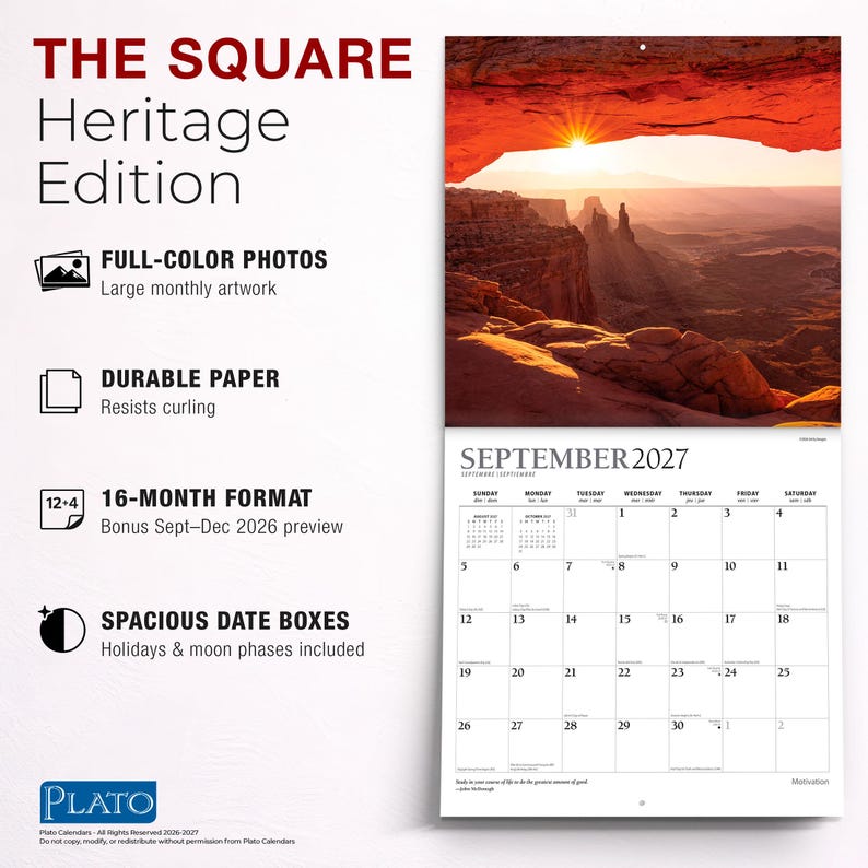 以下が含まれることがあります： THE SQUARE Heritage Editionと題された16ヶ月形式の壁掛けカレンダーで、2027年9月のページが表示されています。上部には日の出の峡谷のフルカラー写真が掲載され、下部にはカレンダーのグリッドが配置されています。