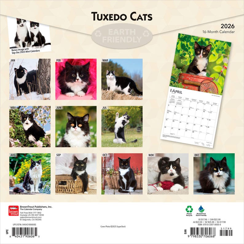 K&ouml;nnte beinhalten: Ein 16-Monats-Kalender 2026 mit Bildern von Tuxedo-Katzen. Jeder Monat zeigt eine andere schwarz-wei&szlig;e Katze in verschiedenen Posen. Der Kalender enth&auml;lt den Text "Tuxedo Cats" und "Earth Friendly".
