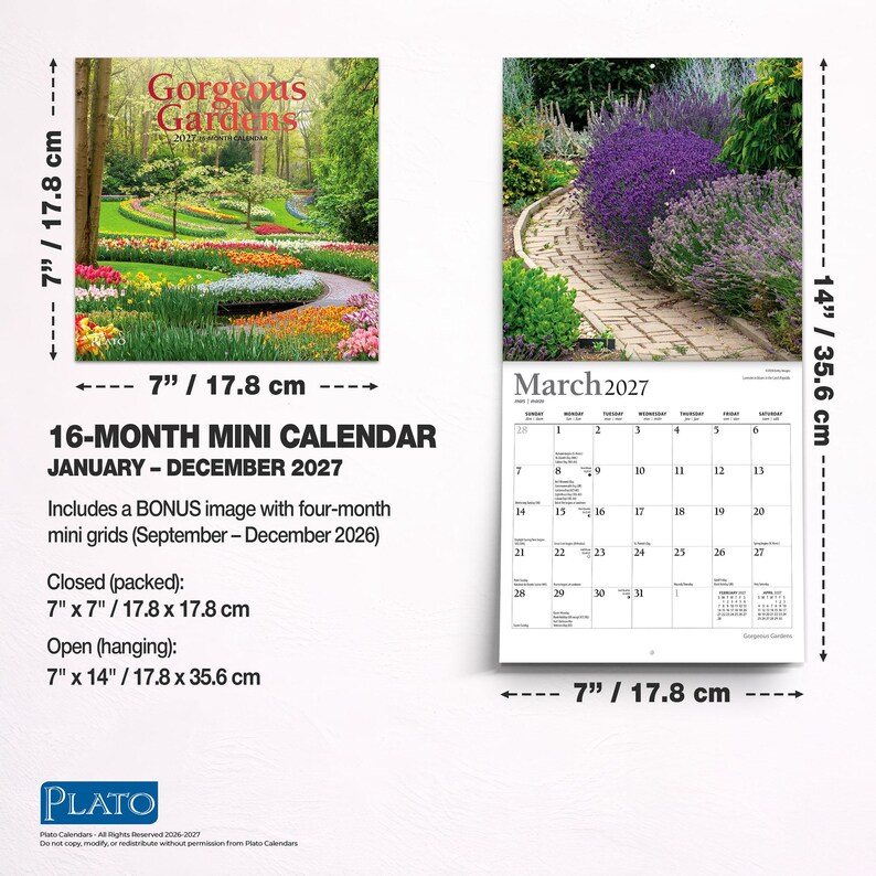 Pu&ograve; includere: Un minicalendario di 16 mesi intitolato Gorgeous Gardens 2027, che misura 17,8 cm per 17,8 cm da chiuso e 17,8 cm per 35,6 cm da aperto. Il calendario presenta fotografie di giardini, tra cui un sentiero con lavanda viola e una pagina di marzo 2027.
