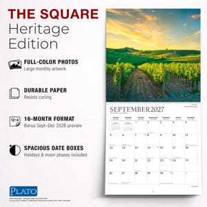 Pu&ograve; includere: Il calendario da parete The Square Heritage Edition presenta foto a colori, carta resistente, un formato di 16 mesi che include da settembre a dicembre 2026 e ampi riquadri per le date. La pagina di settembre 2027 mostra un vigneto al tramonto.