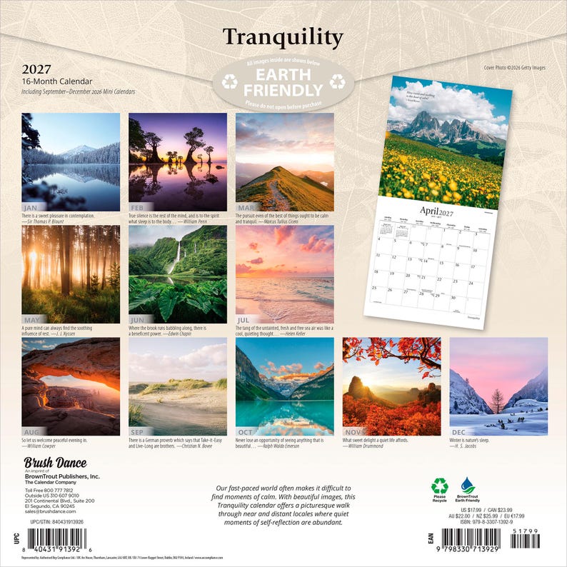 Puede incluir: Un calendario de pared de 16 meses para 2027 titulado Tranquility, que presenta doce fotograf&iacute;as de naturaleza que incluyen monta&ntilde;as, bosques y paisajes costeros. La contraportada muestra una cuadr&iacute;cula de im&aacute;genes mensuales y texto.