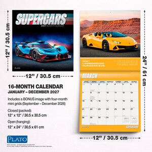 May include: A 16-month 2027 Supercars wall calendar measuring 12 inches by 12 inches closed and 12 inches by 24 inches open. It features a blue race car on the cover and a yellow Lamborghini Hurac&aacute;n Evo on the March page with a monthly grid.
