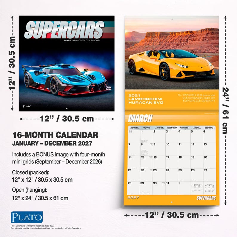 May include: A 16-month 2027 Supercars wall calendar measuring 12 inches by 12 inches closed and 12 inches by 24 inches open. It features a blue race car on the cover and a yellow Lamborghini Hurac&aacute;n Evo on the March page with a monthly grid.