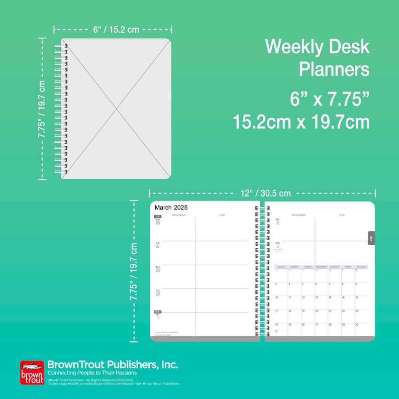 May include: White weekly desk planner with a spiral binding. The planner is 6 inches by 7.75 inches. The open planner shows a weekly layout and a monthly calendar for March 2025. The cover is blank with an X design.