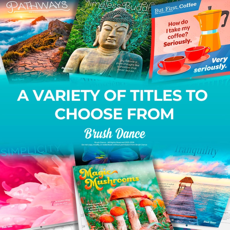 May include: Several book covers are shown, including "Pathways," "Timeless Buddha," and "Magic Mushrooms." The image features a Buddha statue, coffee cups, and mushroom illustrations. Text reads "A Variety of Titles to Choose From."