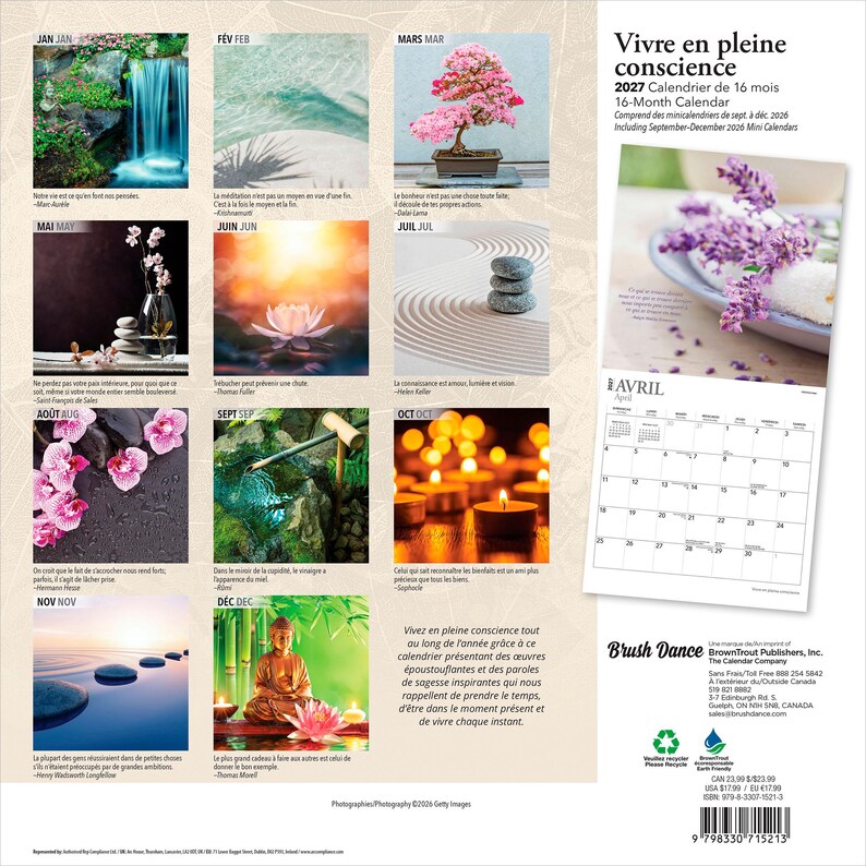Pode incluir: Um calend&aacute;rio de parede de 16 meses para 2027 intitulado Vivre en pleine conscience, com imagens mensais de natureza, jardins zen, bonsais e velas. A contracapa exibe uma grade para abril, cita&ccedil;&otilde;es inspiradoras e um c&oacute;digo de barras.