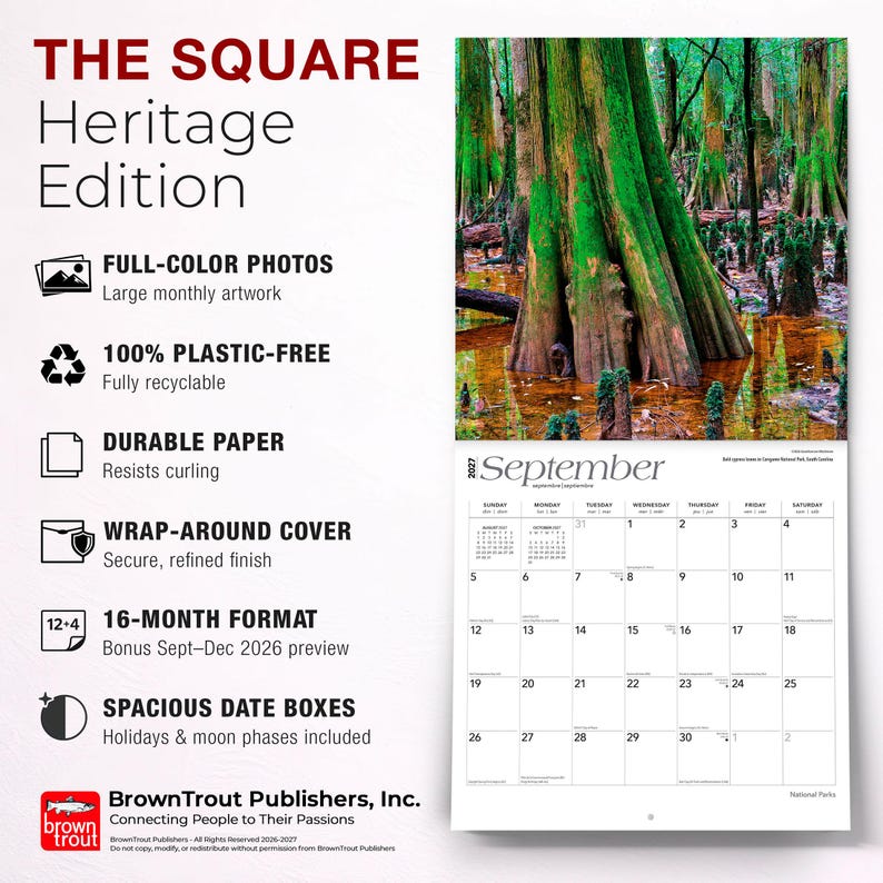 Puede incluir: Calendario cuadrado con una fotograf&iacute;a de una escena de pantano con &aacute;rboles altos. El calendario muestra el mes de septiembre y tiene amplios cuadros de fechas. El texto "THE SQUARE Heritage Edition" est&aacute; en la parte superior. Cubierta envolvente.