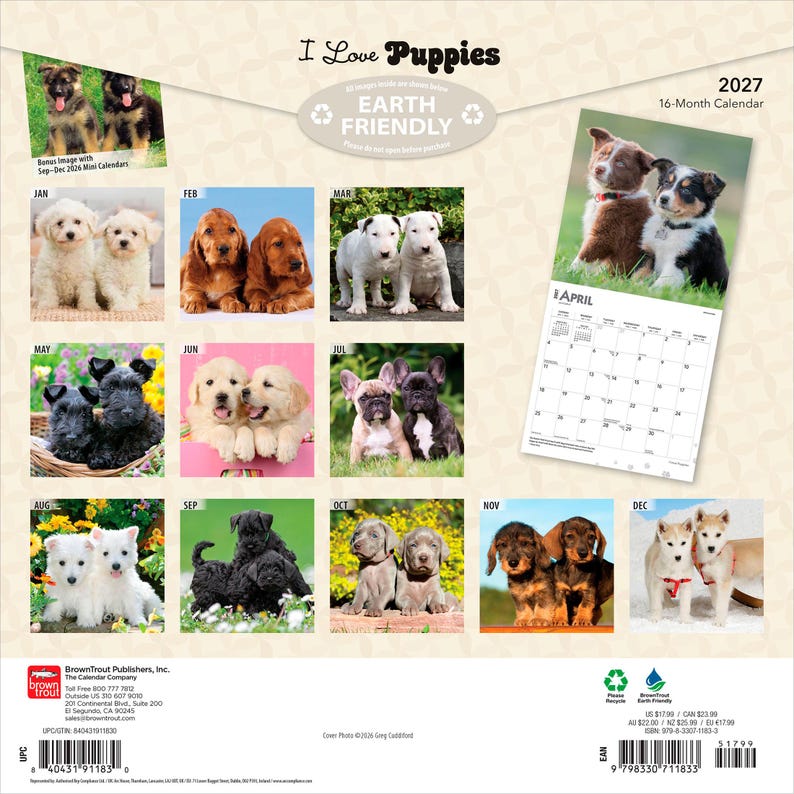 May include: A 2027 16-month wall calendar titled I Love Puppies. The back cover displays twelve monthly grid images featuring various puppy breeds, including golden retrievers, bulldogs, and dachshunds, alongside a sample April calendar page.