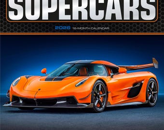 Supercars | 2026 12 x 24 Inch (Hanging) Monthly Square Wall Calendar | Foil Stamped Cover | Plato | Automobiles Luxury Prestige Hypercars