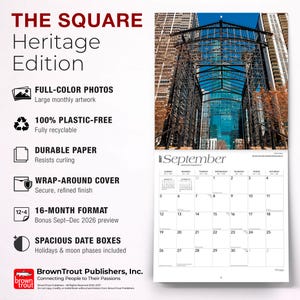 May include: A 2027 wall calendar titled The Square Heritage Edition featuring a full-colour photograph of a black metal architectural structure in September. The calendar includes a 16-month format, spacious date boxes, and product feature text.
