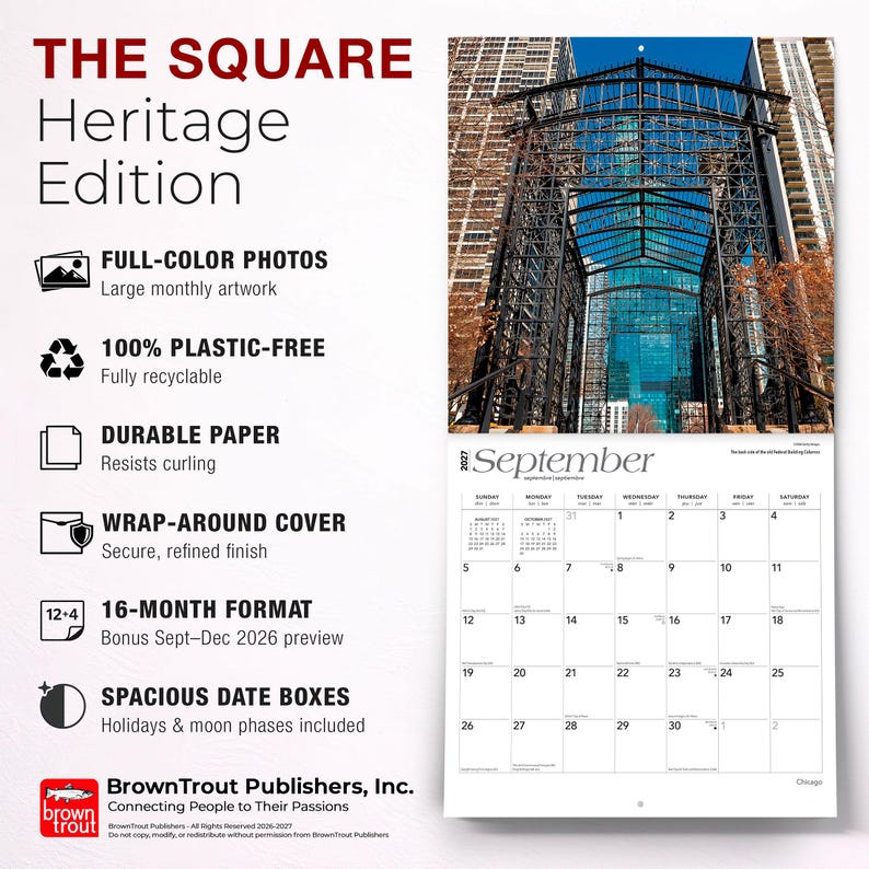 May include: A 2027 wall calendar titled The Square Heritage Edition featuring a full-colour photograph of a black metal architectural structure in September. The calendar includes a 16-month format, spacious date boxes, and product feature text.