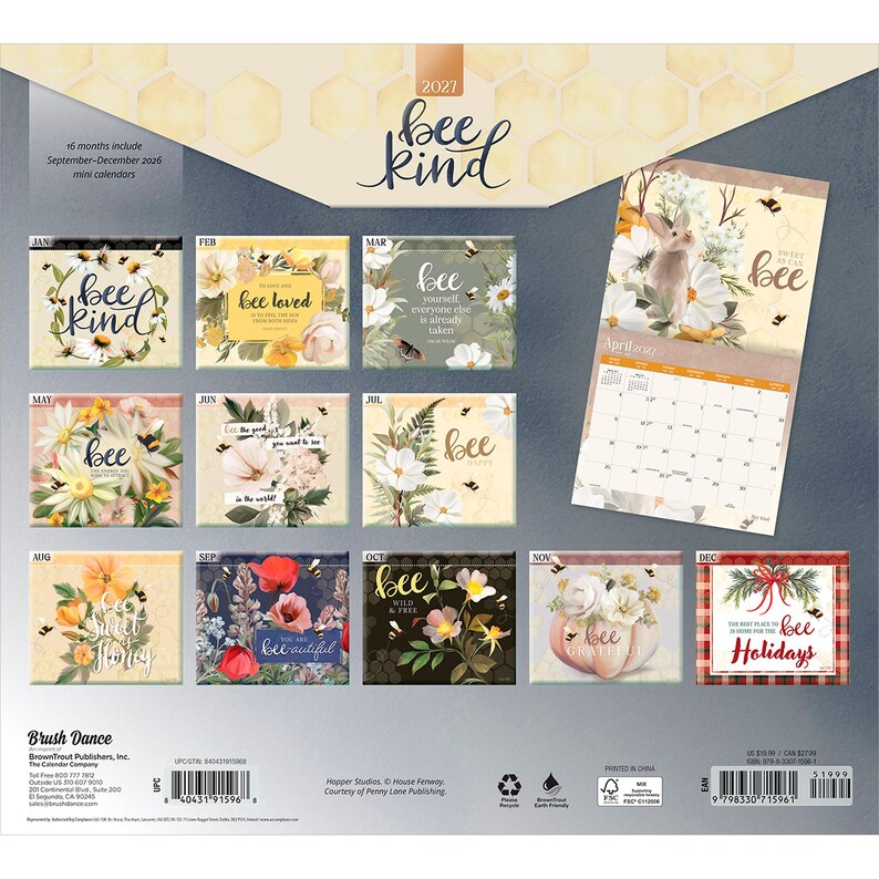 May include: A 2027 wall calendar titled Bee Kind featuring 16 months of floral and bee-themed illustrations. Each month displays unique artwork with phrases like Bee Loved, Bee Happy, and Bee Grateful, alongside a grid for scheduling dates.
