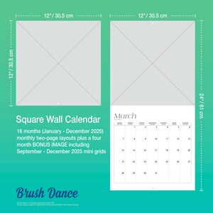 May include: Square wall calendar, 30.5 cm by 30.5 cm when closed, with a March calendar page. It includes 16 months of layouts from January 2026 to December 2026, plus bonus mini grids for September-December 2025. The open calendar is 61 cm tall.