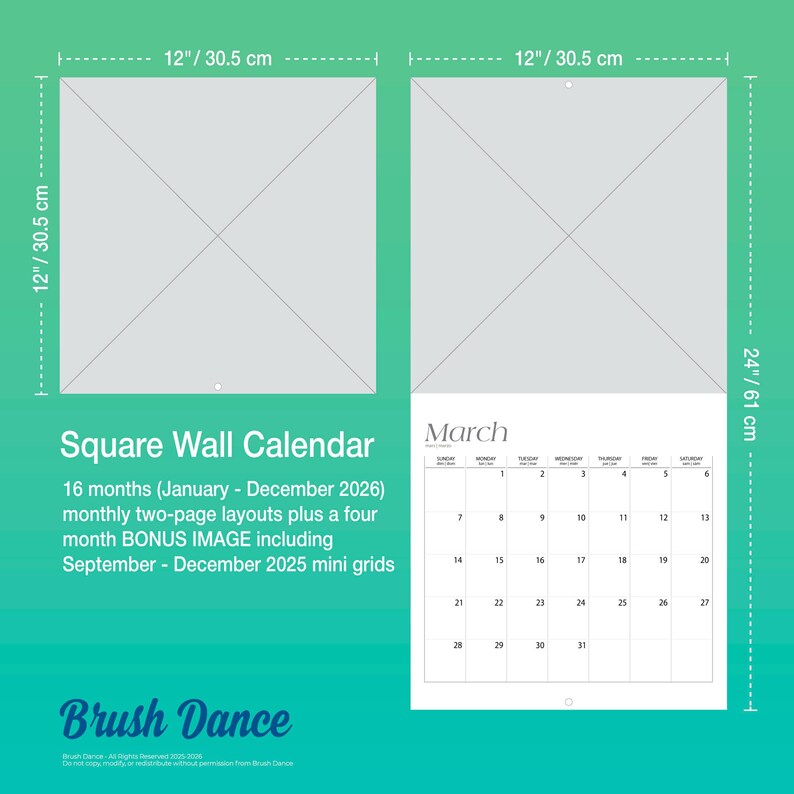 May include: Square wall calendar, 30.5 cm by 30.5 cm when closed, with a March calendar page. It includes 16 months of layouts from January 2026 to December 2026, plus bonus mini grids for September-December 2025. The open calendar is 61 cm tall.