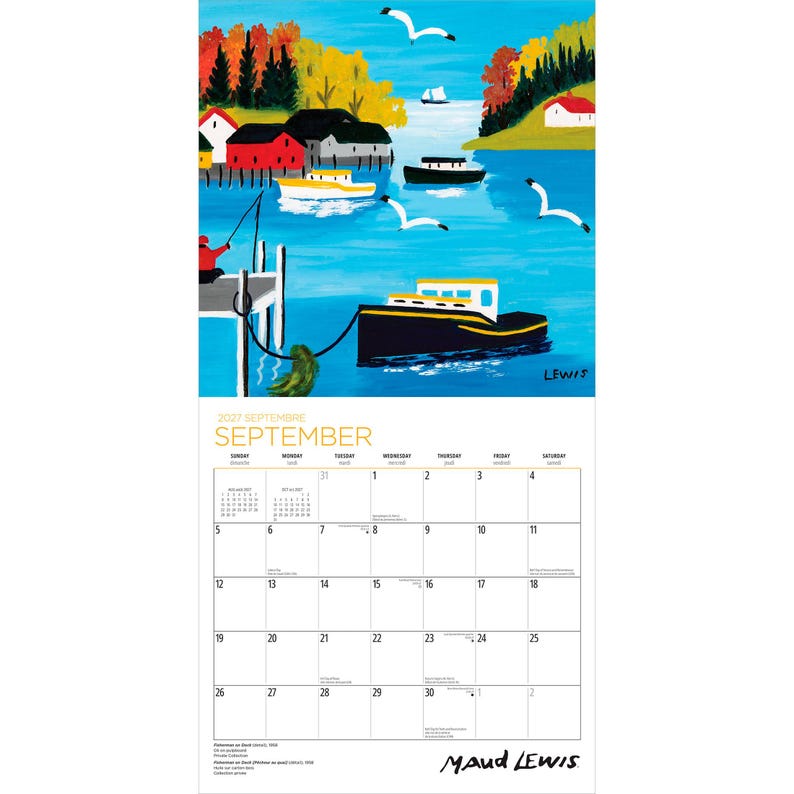 Puede incluir: Un calendario de pared para septiembre de 2027 con una colorida pintura de arte popular de una escena costera con barcos, un muelle y gaviotas. La secci&oacute;n superior muestra la obra de arte, mientras que la inferior muestra la cuadr&iacute;cula mensual.