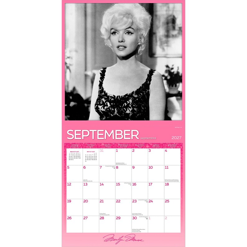 May include: A wall calendar for September 2027 featuring a black and white portrait of Marilyn Monroe at the top. The calendar grid displays the month name, year, and dates in a pink and white layout with the signature Marilyn Monroe at the bottom.
