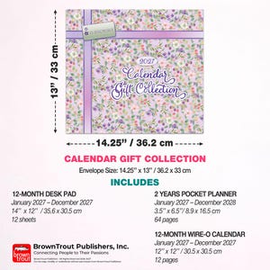 May include: A 2027 calendar gift collection set featuring a floral pattern in shades of purple, pink, and green. The set includes a 35.6 by 30.5 cm desk pad, an 8.9 by 16.5 cm pocket planner, and a 30.5 by 30.5 cm wire-o calendar in a 36.2 by 33 cm envelope.
