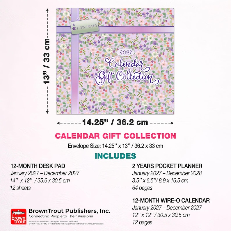 May include: A 2027 calendar gift collection set featuring a floral pattern in shades of purple, pink, and green. The set includes a 35.6 by 30.5 cm desk pad, an 8.9 by 16.5 cm pocket planner, and a 30.5 by 30.5 cm wire-o calendar in a 36.2 by 33 cm envelope.