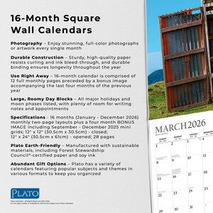 May include: A 16-month square wall calendar with a photograph of a rustic wooden structure. The calendar includes monthly layouts, large day blocks, and specifications for 2026. Closed size is 12" x 12".